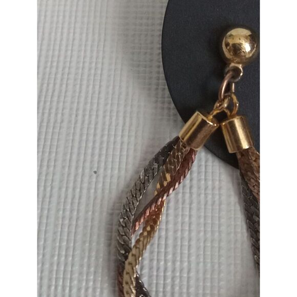 Gold Silver and Bronze Toned Interlocked Metal Herringbone Chain Drop Earrings - Picture 8 of 9